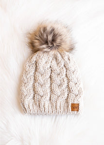Ivory/Beige Cable Knit Pom Hat