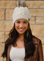 Load image into Gallery viewer, Ivory/Beige Cable Knit Pom Hat
