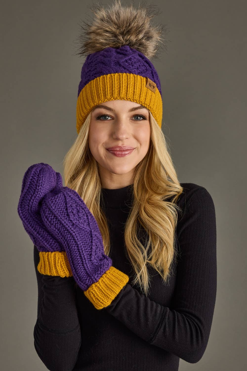 Purple & Gold Trim Cable Knit Mittens