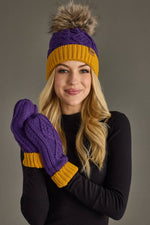 Load image into Gallery viewer, Purple &amp; Gold Trim Cable Knit Mittens
