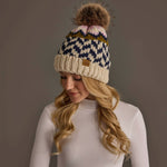 Load image into Gallery viewer, Beige, Navy &amp; Lt. Pink Patterned Pom Hat
