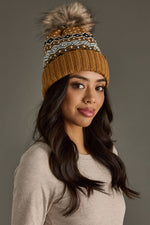 Load image into Gallery viewer, Camel, Black, White &amp; Blue Patterned Pom Hat
