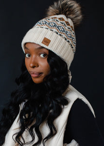 Cream, Black & Camel Patterned Pom Hat