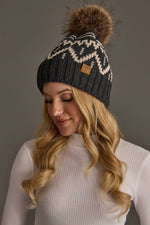 Load image into Gallery viewer, Charcoal &amp; Beige Patterned Pom Hat
