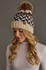 Load image into Gallery viewer, Beige, Navy &amp; Lt. Pink Patterned Pom Hat
