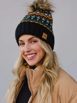 Load image into Gallery viewer, Black &amp; Multicolored Patterned Pom Hat
