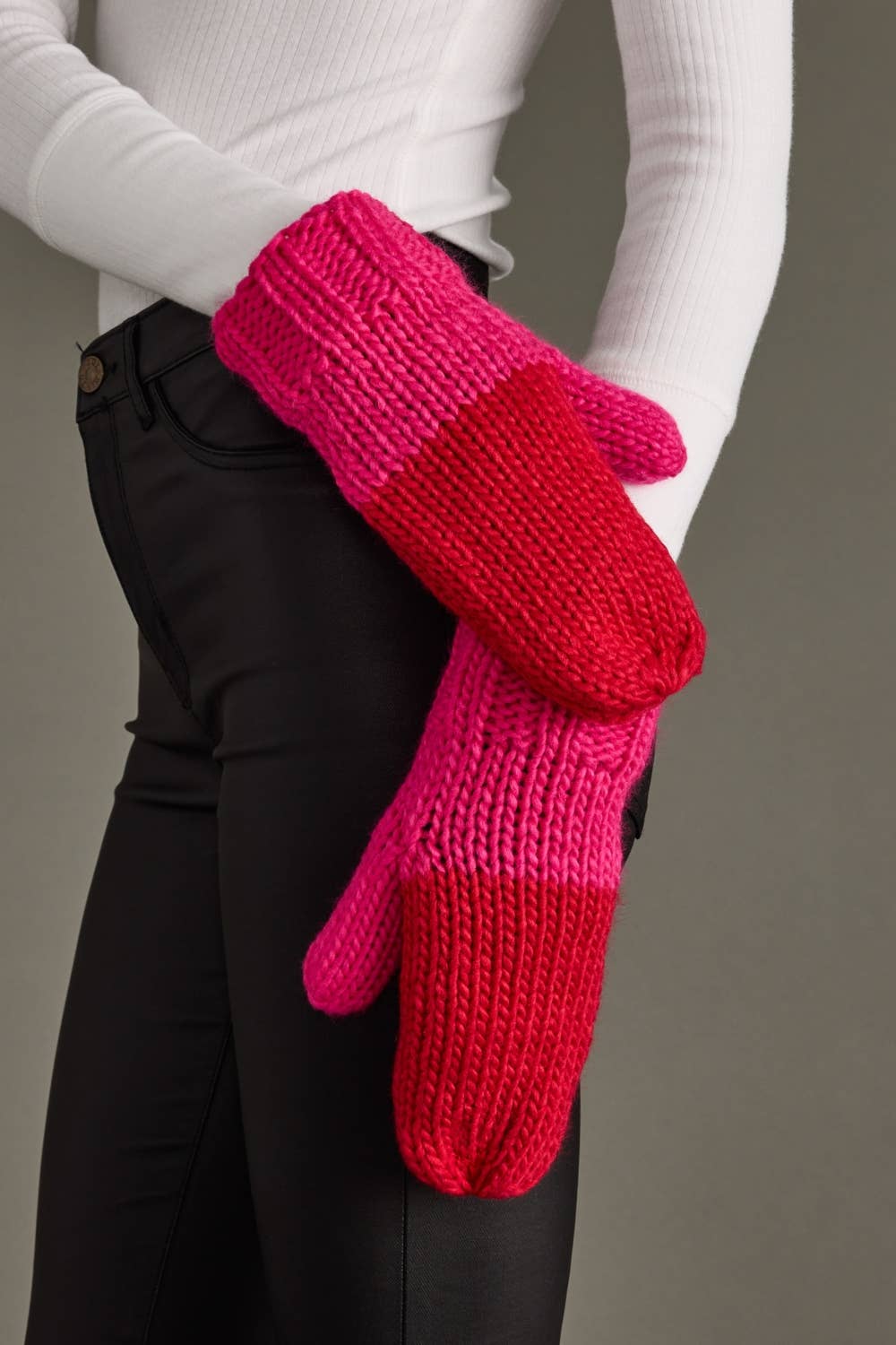 Red & Pink Color Block Knit Mittens