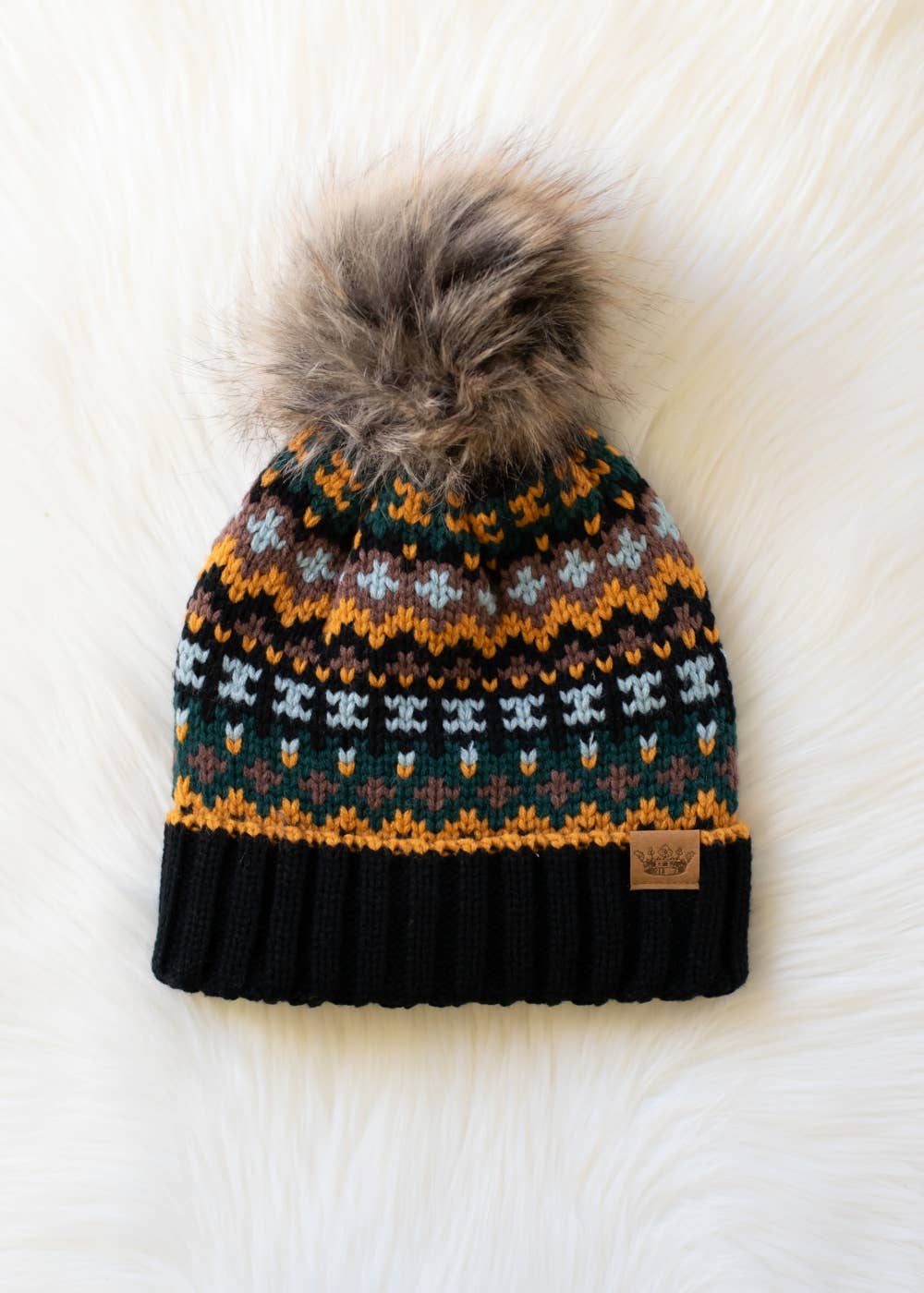 Black & Multicolored Patterned Pom Hat