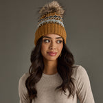 Load image into Gallery viewer, Camel, Black, White &amp; Blue Patterned Pom Hat
