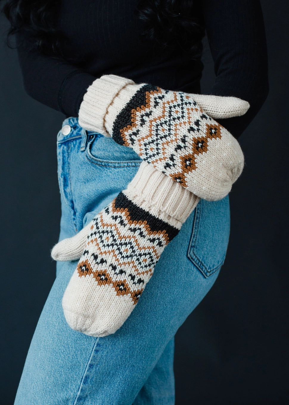 Cream, Black & Camel Patterned Mittens