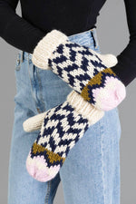 Load image into Gallery viewer, Beige, Navy &amp; Lt. Pink Patterned Mittens
