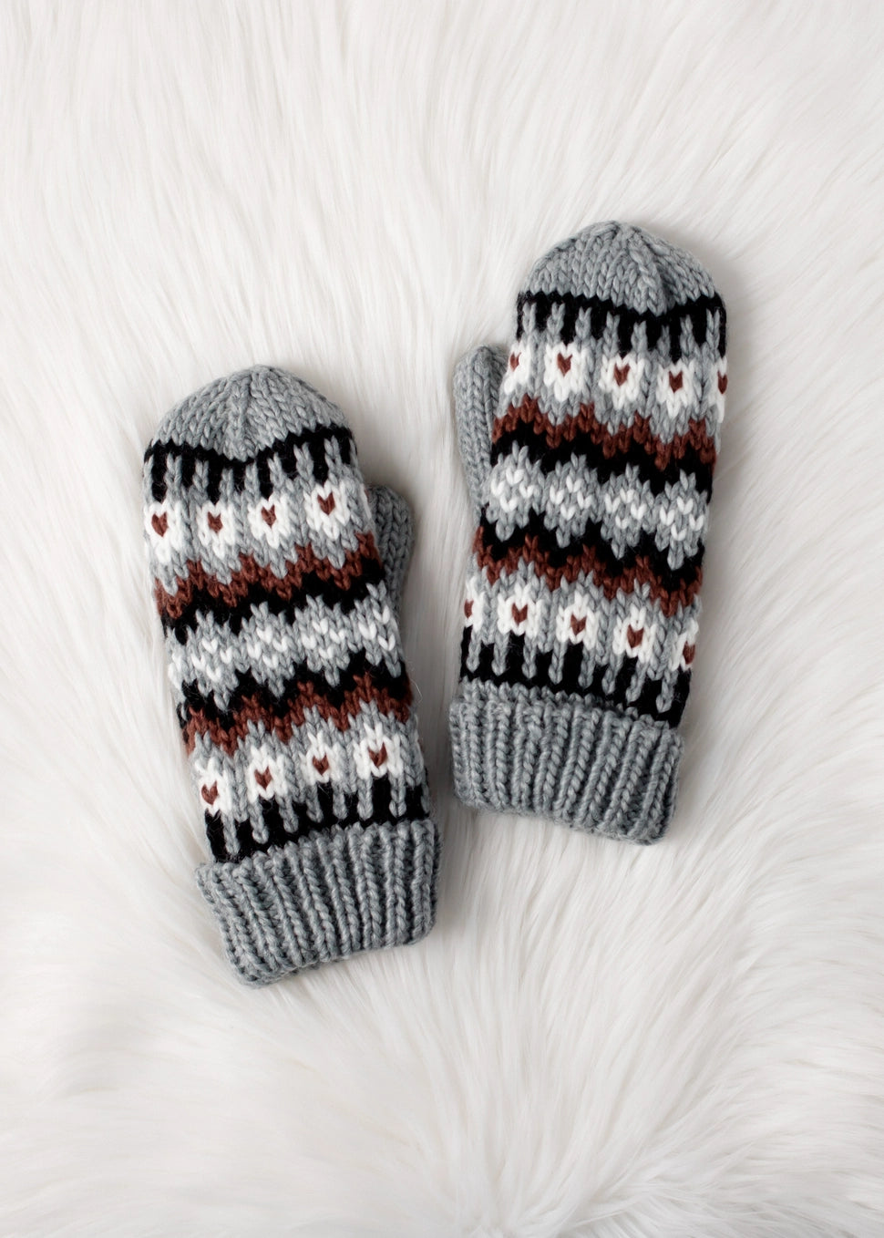 Gray, Brown & White Winter Pattern Mittens