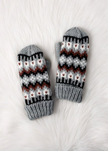 Gray, Brown & White Winter Pattern Mittens