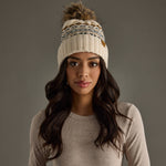 Load image into Gallery viewer, Cream, Black &amp; Camel Patterned Pom Hat
