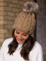 Load image into Gallery viewer, Tan Braided Knit Pom Hat
