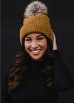 Load image into Gallery viewer, Camel Cable Knit Pom Hat
