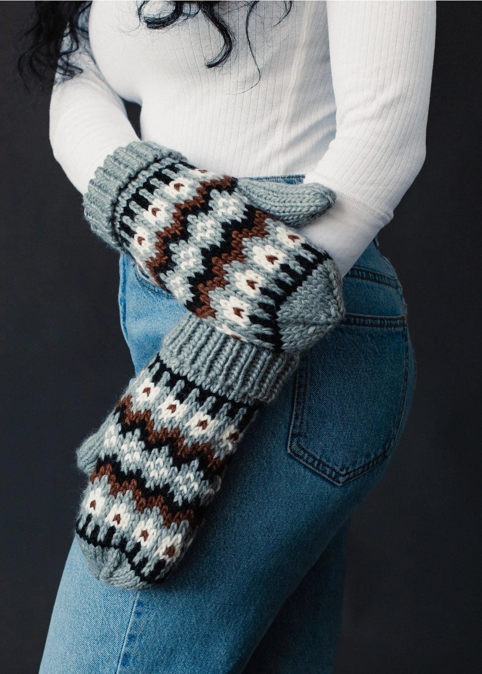 Gray, Brown & White Winter Pattern Mittens