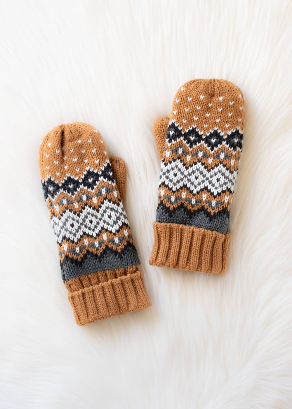Camel, Black, White & Blue Patterned Mittens