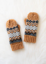 Load image into Gallery viewer, Camel, Black, White &amp; Blue Patterned Mittens
