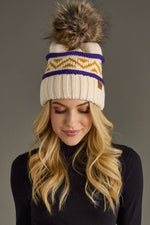 Load image into Gallery viewer, Cream, Purple &amp; Gold Patterned Pom Hat
