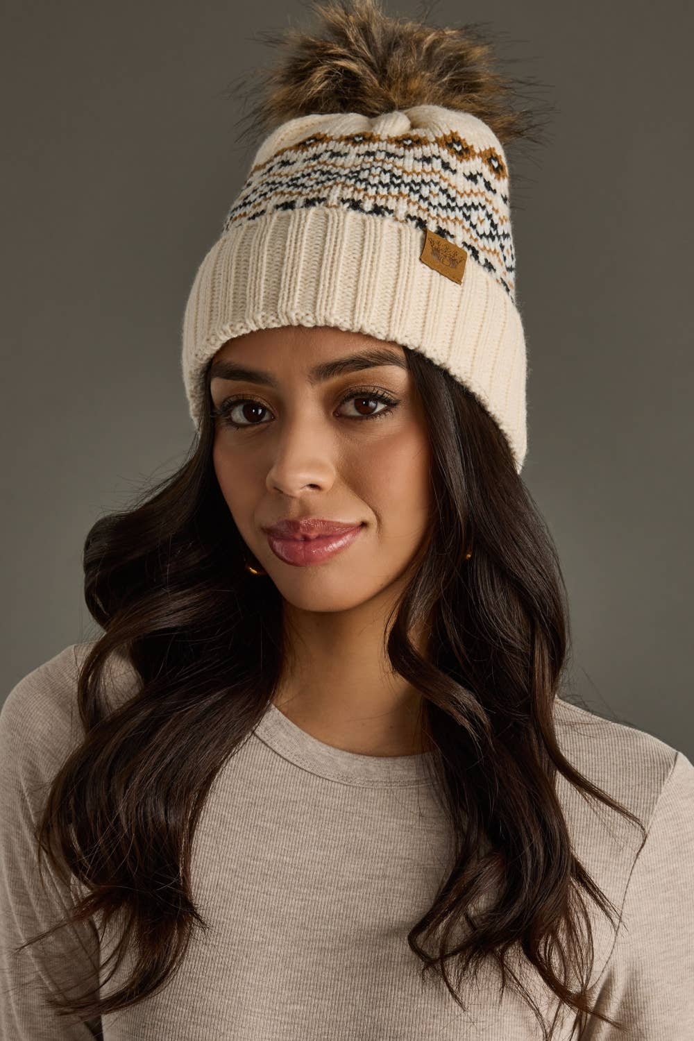 Cream, Black & Camel Patterned Pom Hat