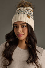 Load image into Gallery viewer, Cream, Black &amp; Camel Patterned Pom Hat
