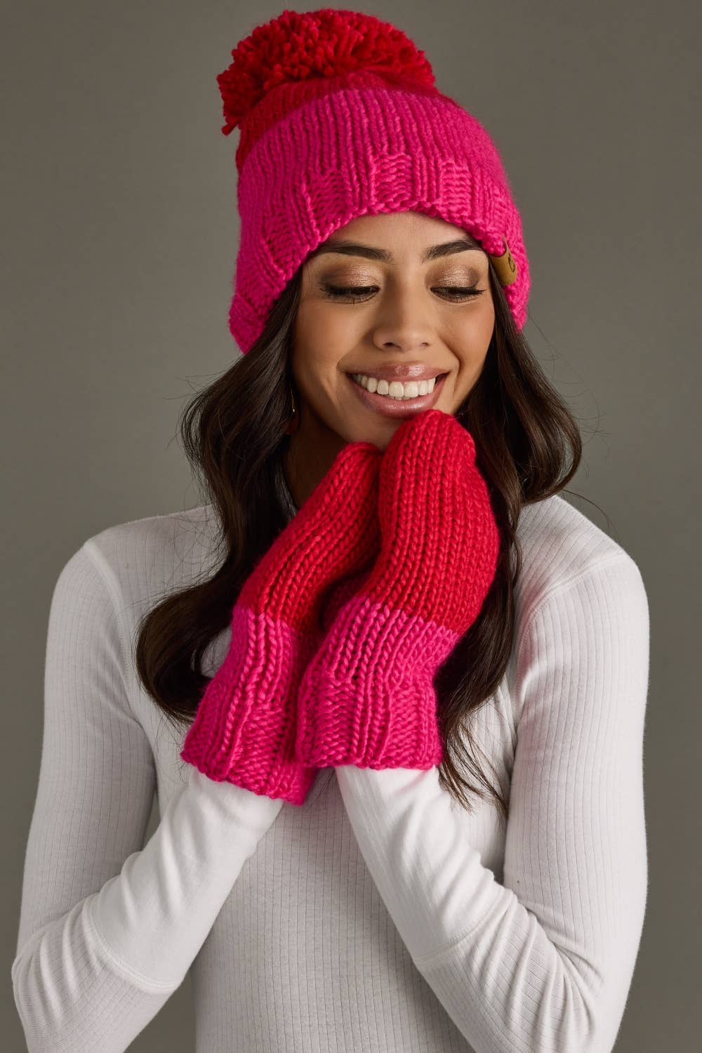 Red & Pink Color Block Pom Hat