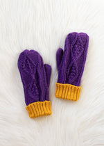 Load image into Gallery viewer, Purple &amp; Gold Trim Cable Knit Mittens
