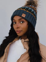 Load image into Gallery viewer, Dusty Blue &amp; Multicolored Patterned Pom Hat
