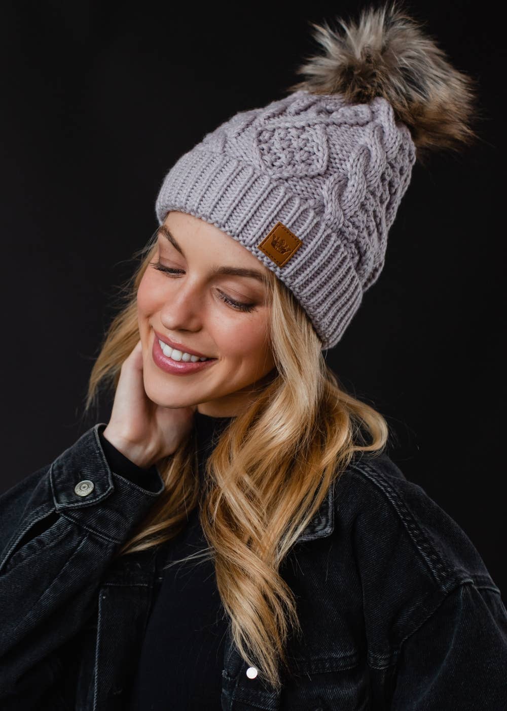 Light Purple Cable Knit Pom Hat