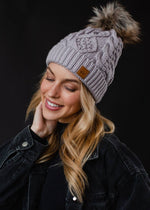 Load image into Gallery viewer, Light Purple Cable Knit Pom Hat

