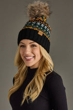 Load image into Gallery viewer, Black &amp; Multicolored Patterned Pom Hat
