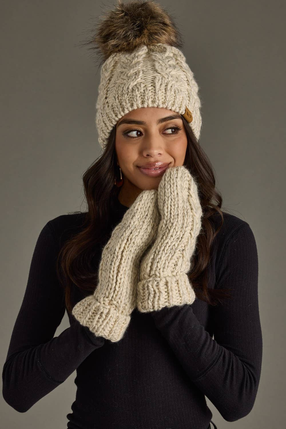 Beige Cable Knit Pom Hat