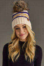 Load image into Gallery viewer, Cream, Purple &amp; Gold Patterned Pom Hat
