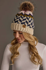 Load image into Gallery viewer, Beige, Navy &amp; Lt. Pink Patterned Pom Hat
