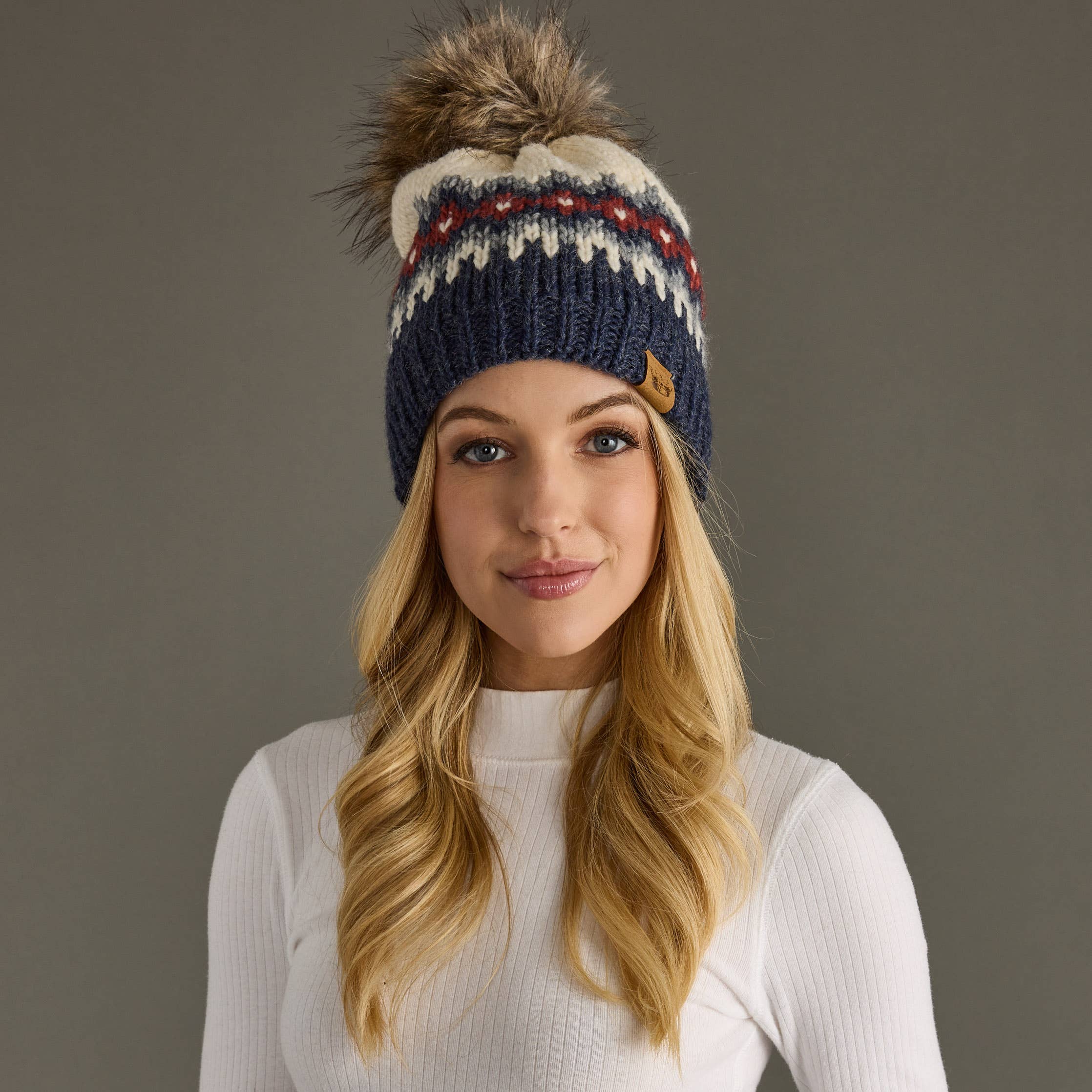 Cream, Blue, Red & Gray Patterned Pom Hat