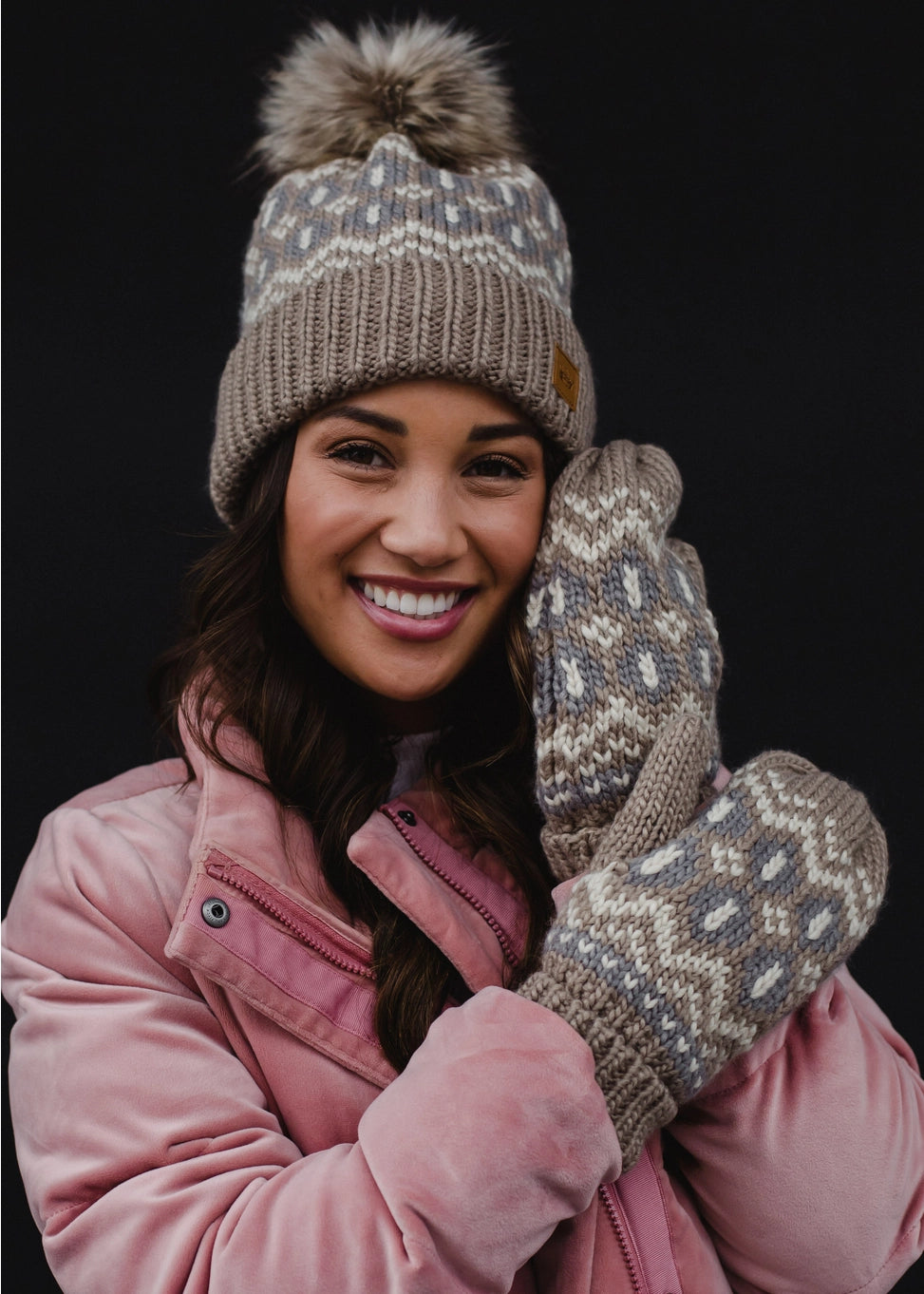 Taupe, Beige & Gray Patterned Pom Hat