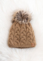 Load image into Gallery viewer, Tan Braided Knit Pom Hat
