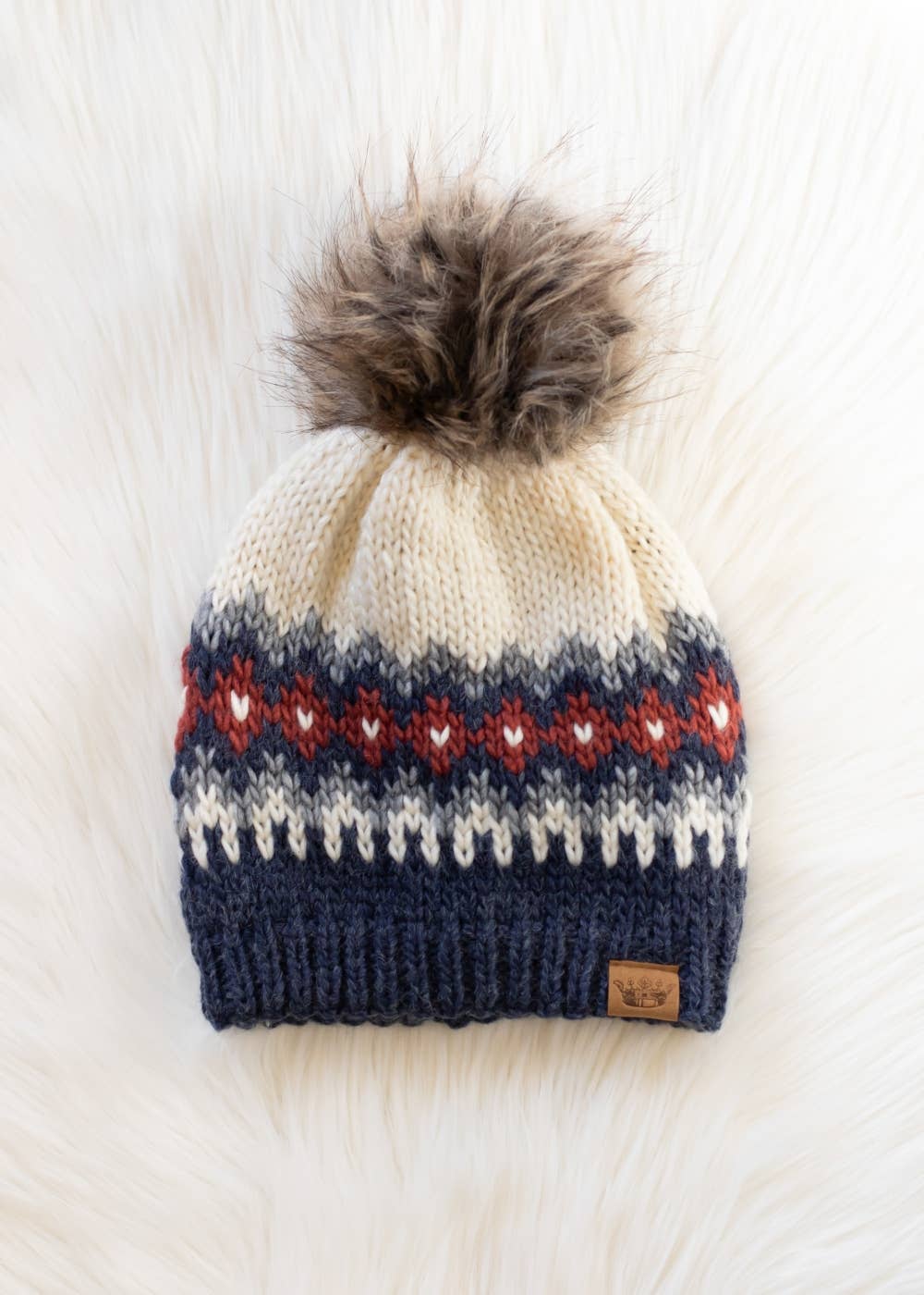 Cream, Blue, Red & Gray Patterned Pom Hat