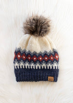 Load image into Gallery viewer, Cream, Blue, Red &amp; Gray Patterned Pom Hat
