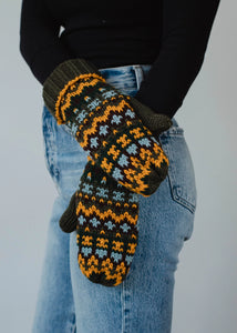 Olive & Multicolored Patterned Mittens