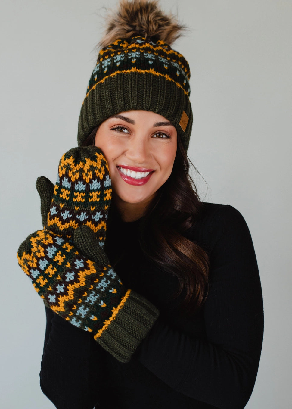 Olive & Multicolored Patterned Mittens