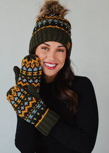 Olive & Multicolored Patterned Mittens