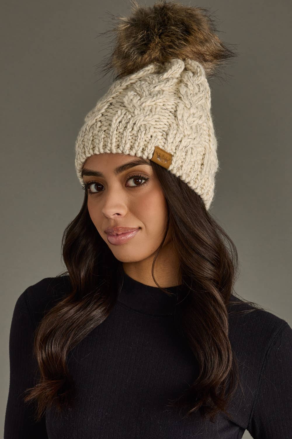Beige Cable Knit Pom Hat