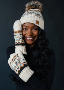 Cream, Black & Camel Patterned Mittens