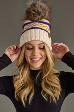 Load image into Gallery viewer, Cream, Purple &amp; Gold Patterned Pom Hat
