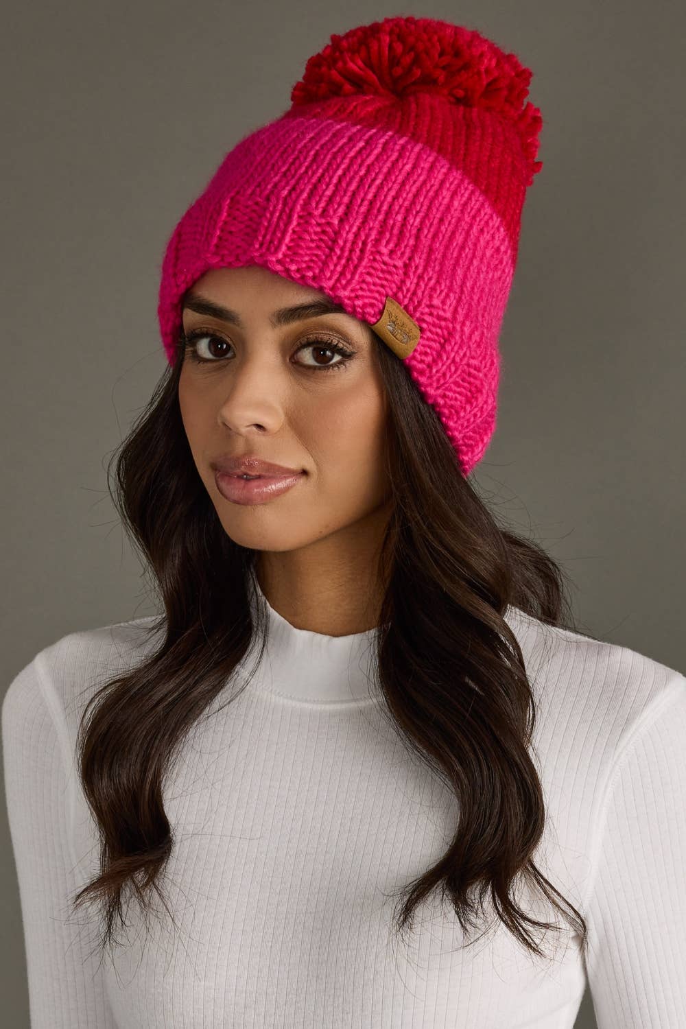 Red & Pink Color Block Pom Hat