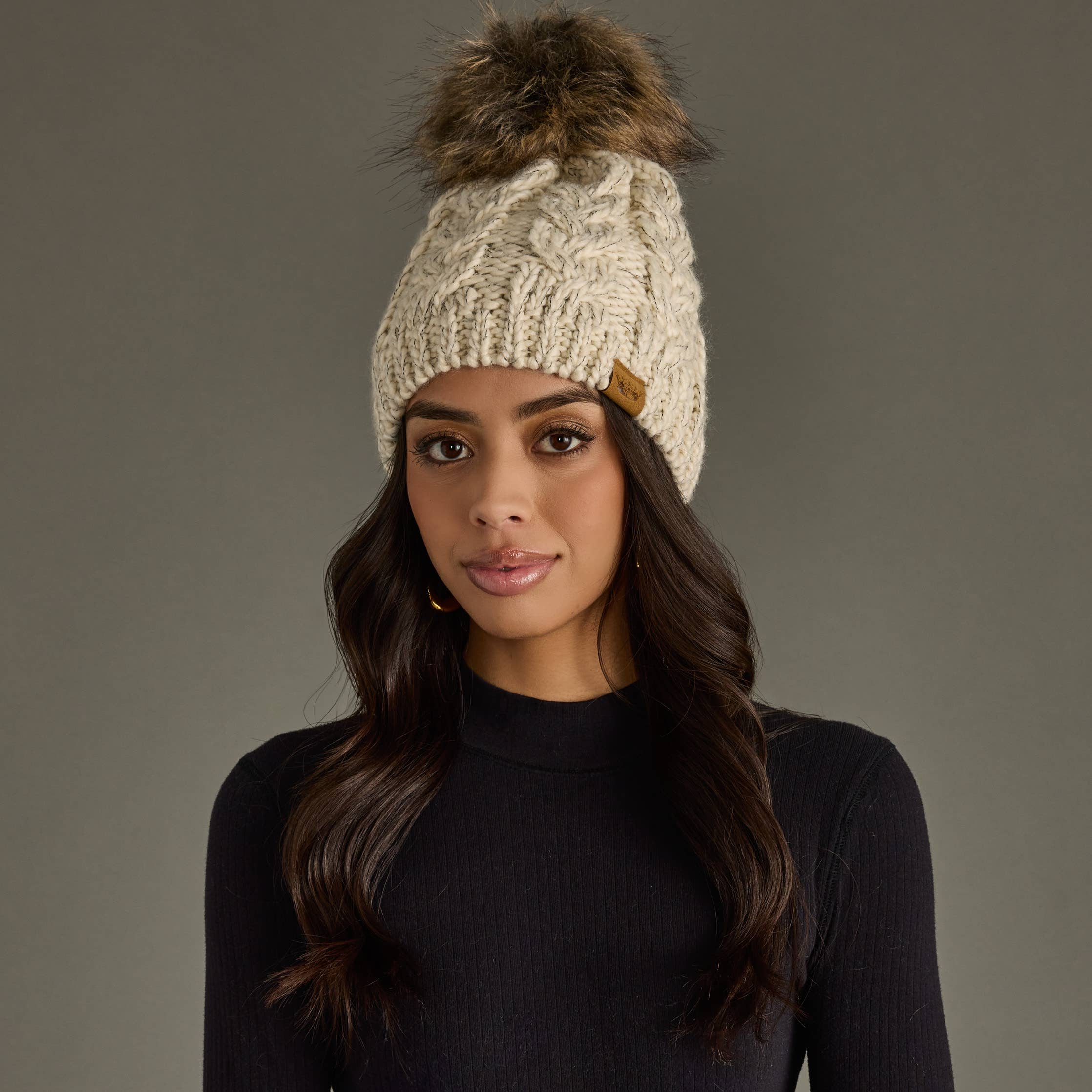 Beige Cable Knit Pom Hat