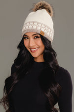 Load image into Gallery viewer, Ivory &amp; Taupe Patterned Knit Pom Hat

