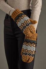 Load image into Gallery viewer, Camel, Black, White &amp; Blue Patterned Mittens
